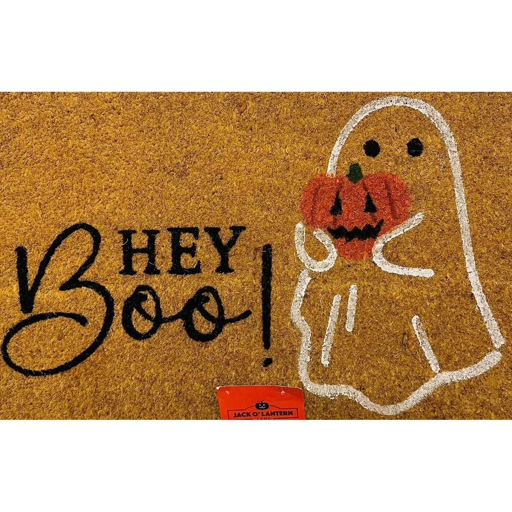 Jack O' Lantern Lane Coir 18x28 Doormat Hey Boo White Ghost w Orange Pumpkin NWT